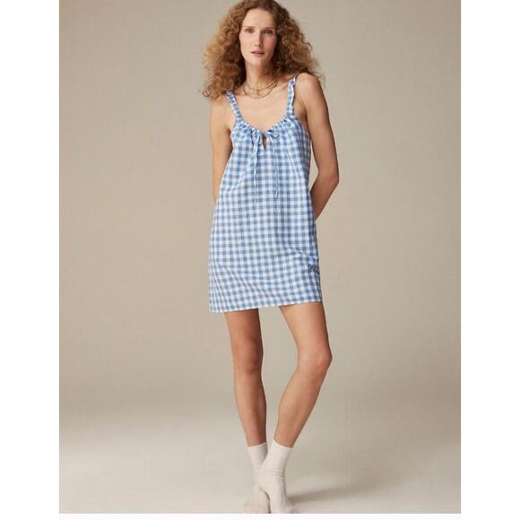 J.Crew Ruffle-Strap Dress in Gingham Linen Cotton Blend Womans Large - Picture 1 of 11